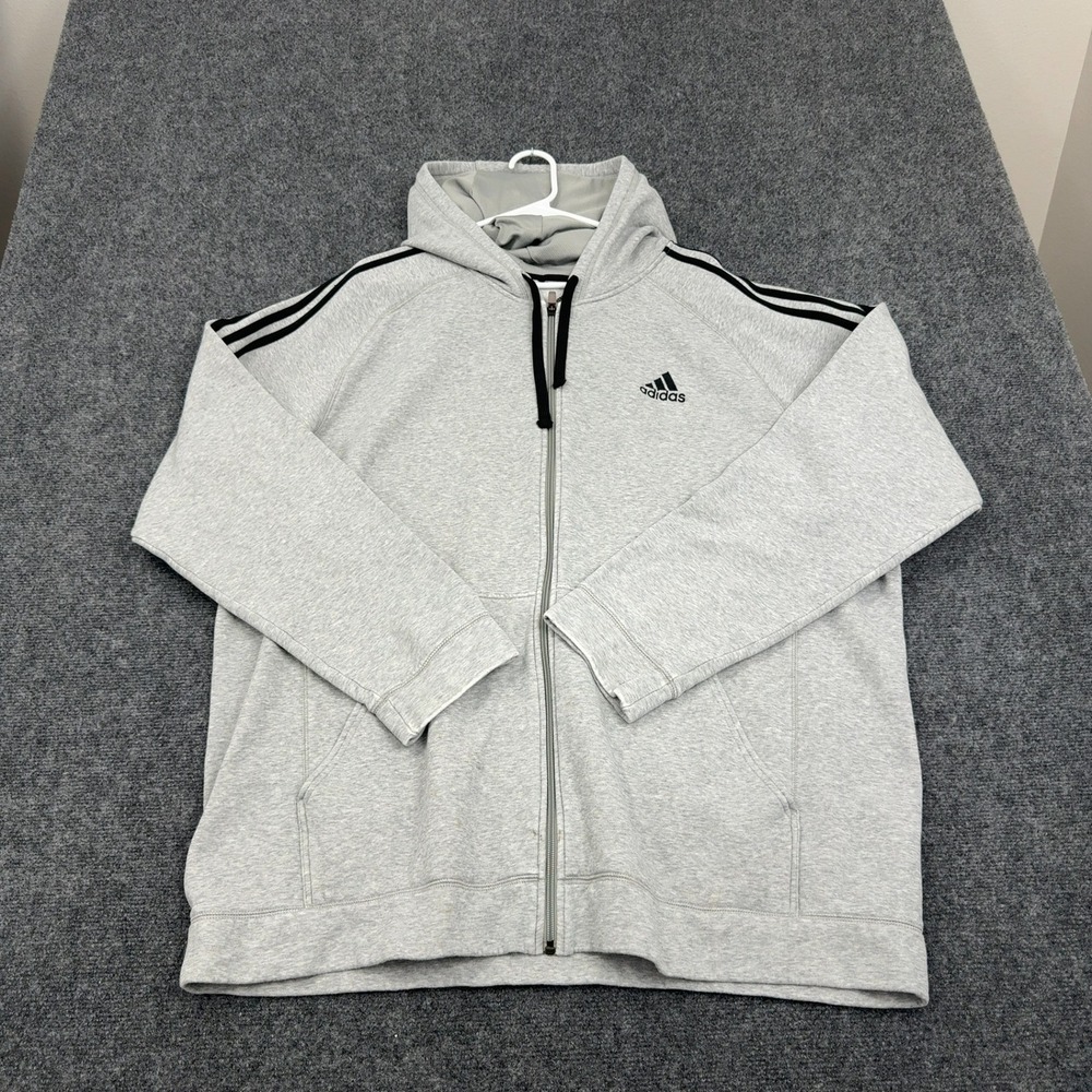 Adidas Hoodie Mens 2XL Gray Cotton Blend Full Zip 3 Stripe Sportswear Athleisure
